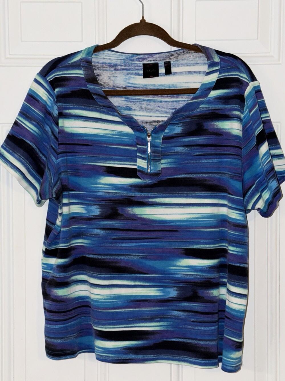 Rafaella 2X Plus Blue/purple Striped V-Neck Half Zip Cotton Knit Top